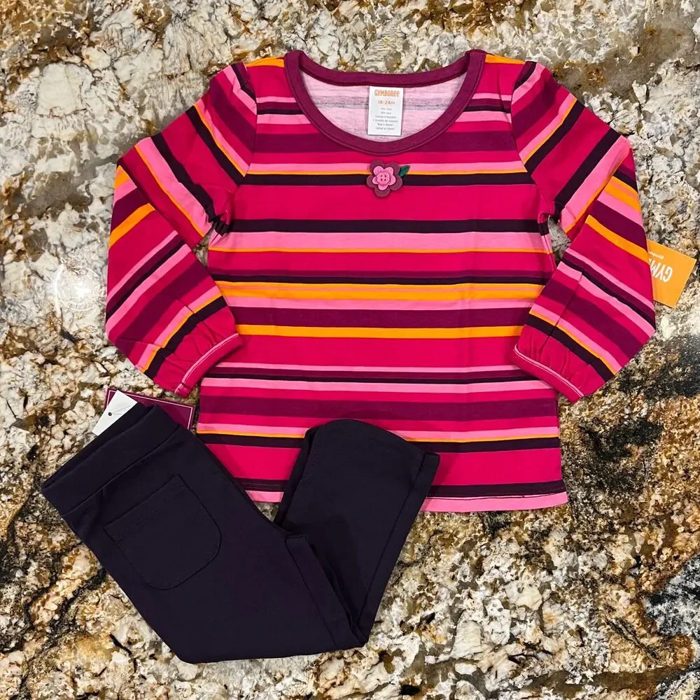 NWT Gymboree Pink & Purple W/Applique Flower Striped Top & Ponte Pants - 18-24M